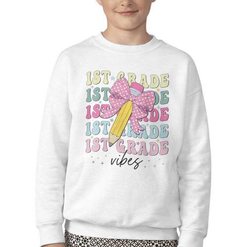 1st Grade Vibes Girl Coquette Bow First Grade Back To School Youth Crewneck Sweatshirt - Savourry