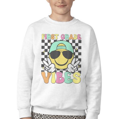 1st Grade Vibes Smile Face Back To School First Grade Youth Crewneck Sweatshirt - Savourry