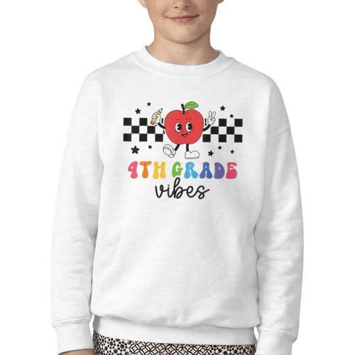 4th Grade Vibes Retro Groovy Apple Back To School Youth Crewneck Sweatshirt - Savourry