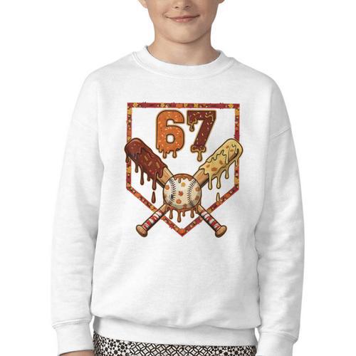 67 Baseball Drip Thanksgiving Six Seven Boys Teens Kids Youth Crewneck Sweatshirt - Sportilla