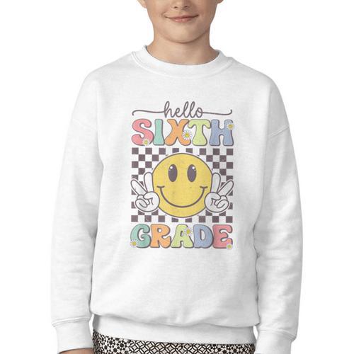 6th Grade Team Back To School Hello Sixth Grade Smile Face Youth Crewneck Sweatshirt - Savourry
