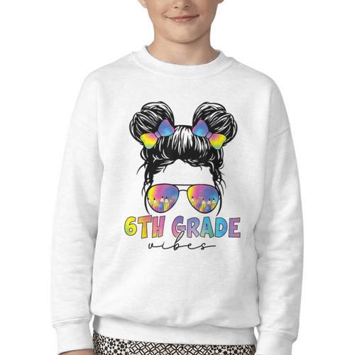 6th Grade Vibes Messy Hair Bun Girl Back To School First Day Youth Crewneck Sweatshirt - Savourry