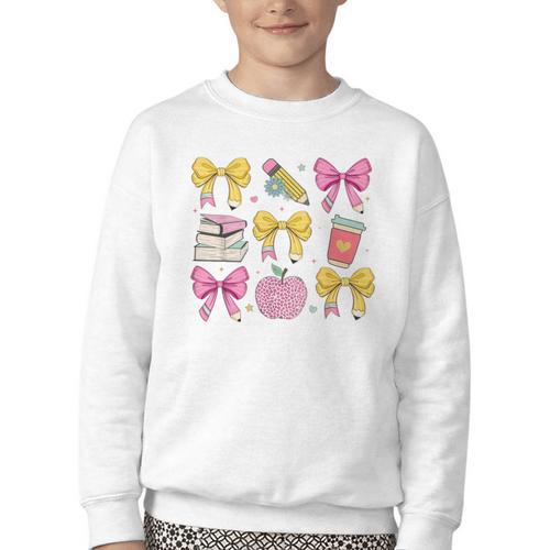 Apple Coquette Bow Books First Day Of School Back To School Youth Crewneck Sweatshirt - Savourry