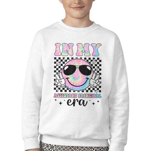 In My Assistant Principal Era Groovy Tie Dye Back To School Youth Crewneck Sweatshirt - Savourry