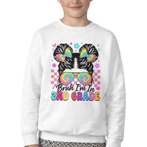 Back To School Bruh I'm In 2nd Grade Cute Girls Messy Bun Youth Crewneck Sweatshirt - Savourry