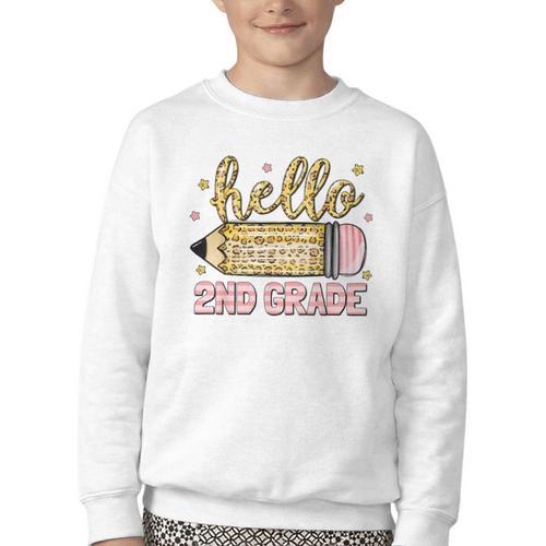 Back To School Hello Second 2nd Grade Leopard Pencil Girl Youth Crewneck Sweatshirt - Savourry