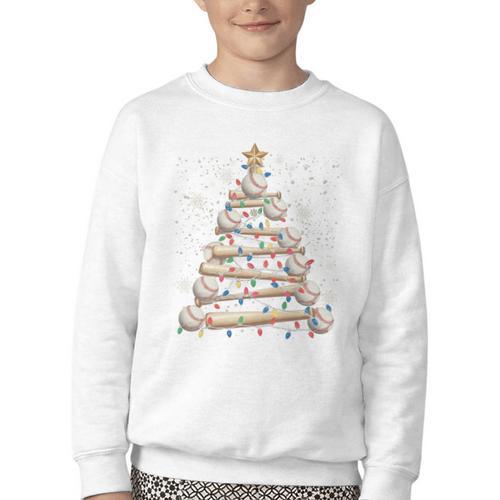 Baseball Christmas Tree Light Xmas Tees Boys Kids Men Youth Crewneck Sweatshirt - Sportilla