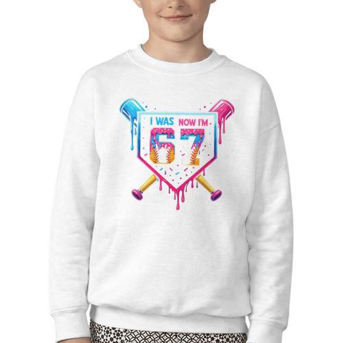 Baseball Drip I Was 6 Now I'm 7 67 Meme 7th Birthday Youth Crewneck Sweatshirt - Sportilla