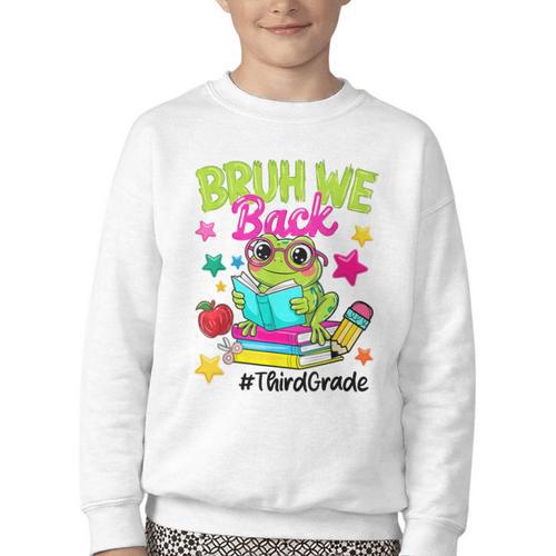 Bruh We Back Third Grade Cute Frog Back To School Youth Crewneck Sweatshirt - Savourry