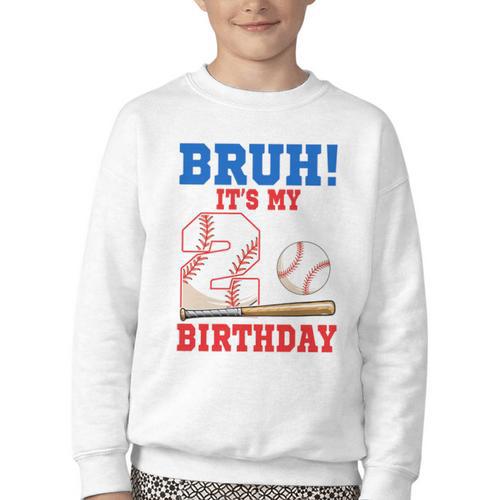 Bruh It's My 2nd Birthday Boy Baseball Themed Party Youth Crewneck Sweatshirt - Sportilla