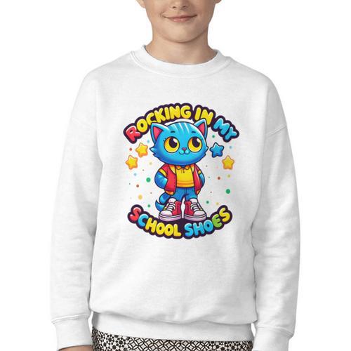 Cat Rocking In My School Shoes Fun Back To School Kids Boys Performance Youth Crewneck Sweatshirt - Savourry