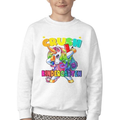 Crush Kindergarten Dabbing Unicorn Back To School Girls Performance Youth Crewneck Sweatshirt - Savourry