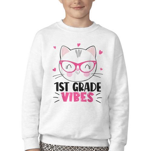 Cute 1st Grade Vibes Cat Kitten Lover Back To School Girls Youth Crewneck Sweatshirt - Savourry
