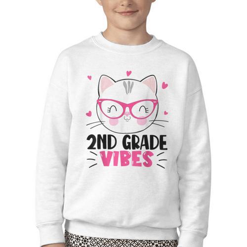 Cute 2nd Grade Vibes Cat Kitten Lover Back To School Girls Youth Crewneck Sweatshirt - Savourry