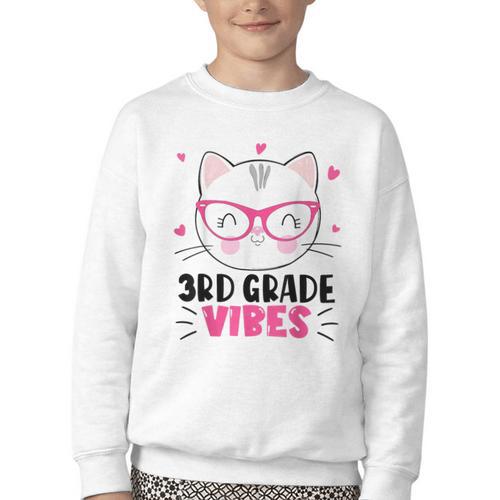 Cute 3rd Grade Vibes Cat Kitten Lover Back To School Girls Youth Crewneck Sweatshirt - Savourry