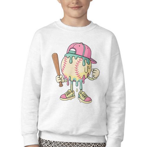 Cute Baseball Ice Cream Drip For Girls & Boys 2 Sides Youth Crewneck Sweatshirt - Sportilla