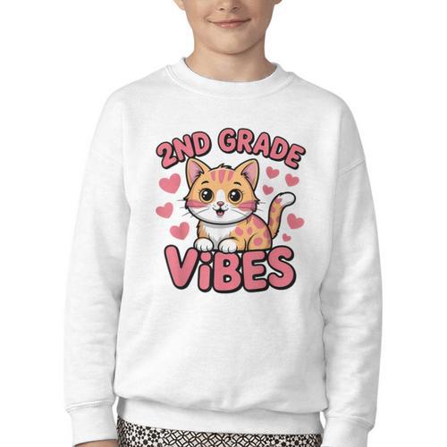 Cute Cat 2nd Grade Vibes Back To School Second Grade Girls Youth Crewneck Sweatshirt - Savourry