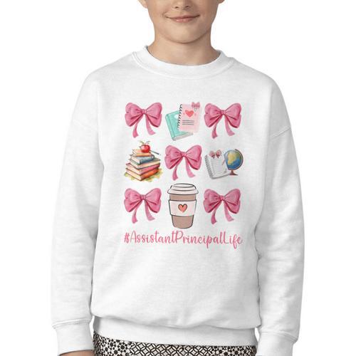 Cute Coquette Bows Assistant Principal Life Back To School Youth Crewneck Sweatshirt - Savourry