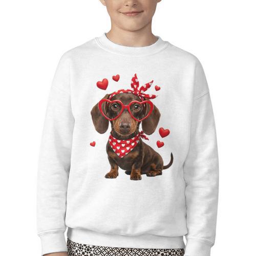 Dachshund Valentines Day Wiener Dog Lover Weenie Heart Raglan Baseball Tee Youth Crewneck Sweatshirt - Sportilla