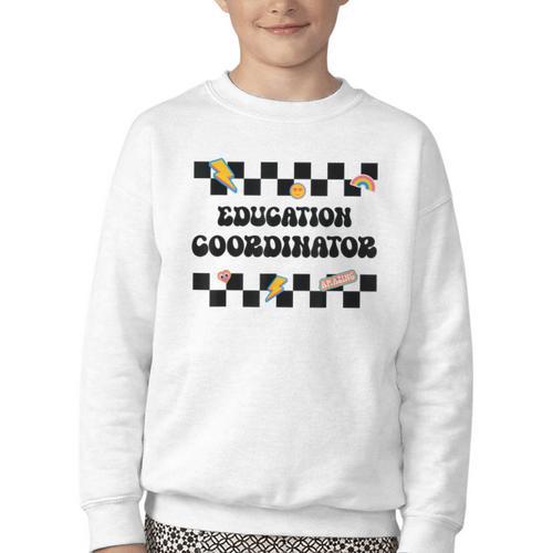 Education Coordinator Groovy Back To School Checkered Youth Crewneck Sweatshirt - Savourry