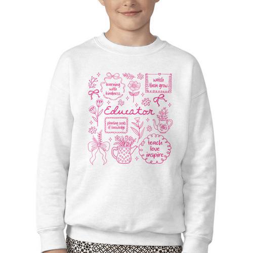 Educator Love Inspire Teach Pink Bow Back To School Youth Crewneck Sweatshirt - Savourry