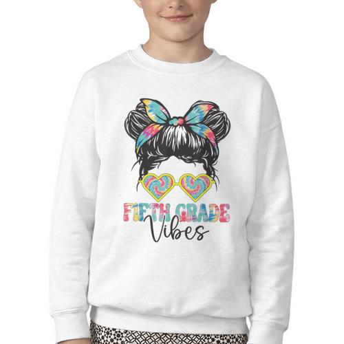 Fifth Grade Vibes Messy Hair Bun Girl Back To School 5th Youth Crewneck Sweatshirt - Savourry