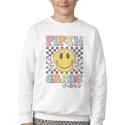 Fifth Grade Vibes Smile Face 5th Grade Team Back To School Youth Crewneck Sweatshirt - Savourry