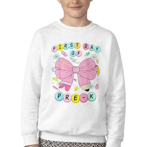 First Day Of Pre-K Girls Coquette Bow Back To School Kids Youth Crewneck Sweatshirt - Savourry