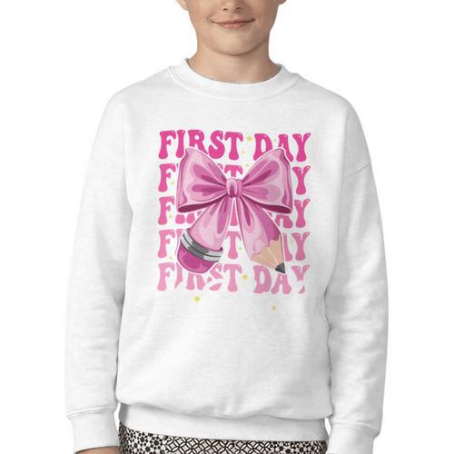 First Day Of School Girls Coquette Bow Back To School Performance Youth Crewneck Sweatshirt - Savourry