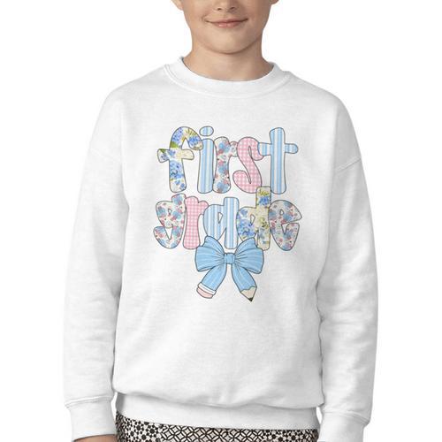 First Grade Coquette Bow Pencil First Day Back To School Performance Youth Crewneck Sweatshirt - Savourry