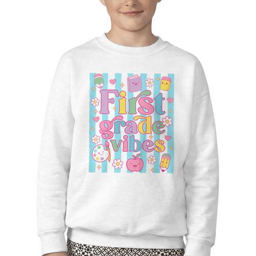 First Grade Vibes Cute Groovy Back To School 1st Grade Girls Youth Crewneck Sweatshirt - Savourry