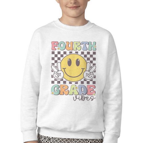 Fourth Grade Vibes Smile Face 4th Grade Team Back To School Youth Crewneck Sweatshirt - Savourry