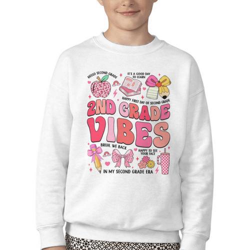Girls 2nd Grade Vibes Coquette Pink Bow Back To School Youth Crewneck Sweatshirt - Savourry