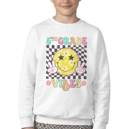 Girls 5th Grade Vibes Smile Face Back To School Fifth Grade Youth Crewneck Sweatshirt - Savourry