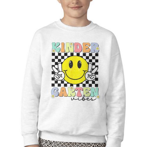 Girls Kindergarten Vibes Smile Face Back To School Kinder Youth Crewneck Sweatshirt - Savourry