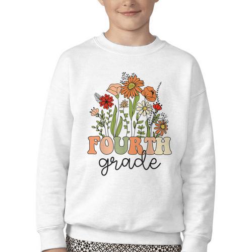 Groovy Fourth Grade Wildflowers Back To School 4th Grade Youth Crewneck Sweatshirt - Savourry