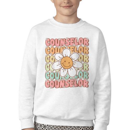Groovy School Counselor Cute Daisy Flower Back To School Youth Crewneck Sweatshirt - Savourry