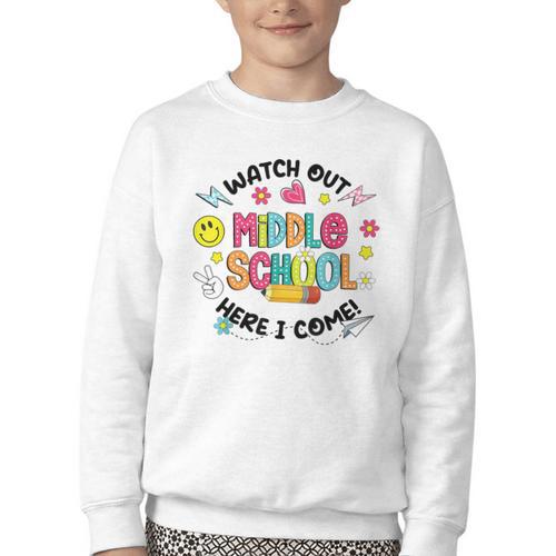 Groovy Watch Out Middle School Here I Come Back To School Youth Crewneck Sweatshirt - Savourry