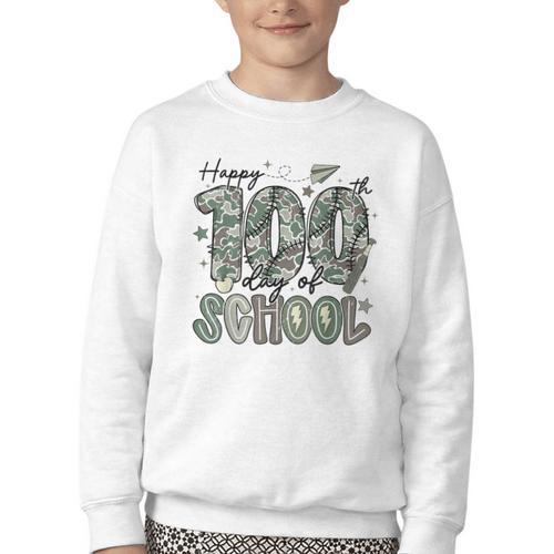 Happy 100th Day Of School Baseball Camo Boys Kids Toddler Youth Crewneck Sweatshirt - Sportilla