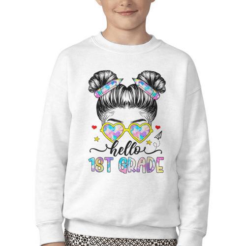 Hello 1st Grade Messy Bun Girl Back To School First Day Youth Crewneck Sweatshirt - Savourry
