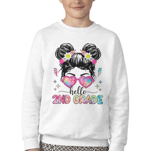 Hello 2nd Grade Messy Bun Girl Back To School First Day Youth Crewneck Sweatshirt - Savourry