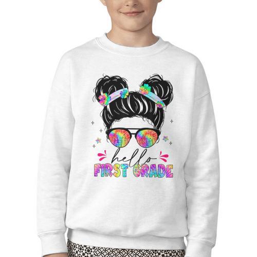 Hello First Grade Shirt Messy Bun Tie Dye Back To School Youth Crewneck Sweatshirt - Savourry