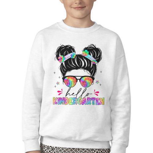 Hello Kindergarten Shirt Messy Bun Tie Dye Back To School Youth Crewneck Sweatshirt - Savourry