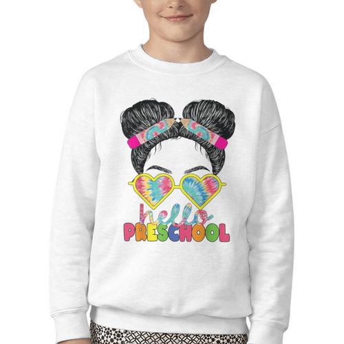 Hello Preschool Messy Bun Tie Dye Back To School Girls Kids Youth Crewneck Sweatshirt - Savourry