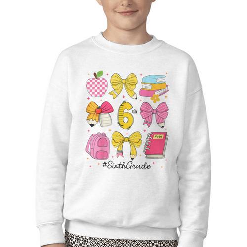 Hello Sixth 6th Grade Back To School Coquette Bow Girls Youth Crewneck Sweatshirt - Savourry