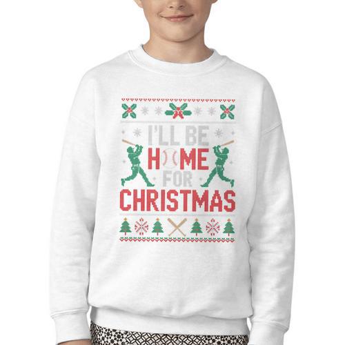 I’Ll Be Home For Christmas Baseball Ugly Sweater Art Youth Crewneck Sweatshirt - Sportilla