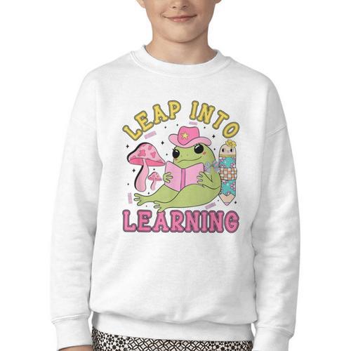 Leap Into Learning Cute Frog Kawaii Back To School Kids Youth Crewneck Sweatshirt - Savourry