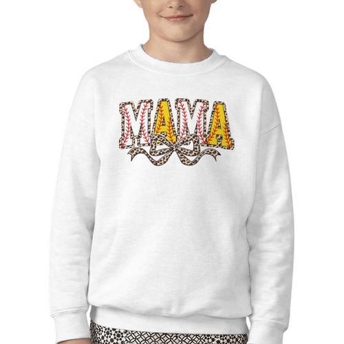 Leopard Baseball Softball Mama Bow Softball Baseball Mom Youth Crewneck Sweatshirt - Sportilla