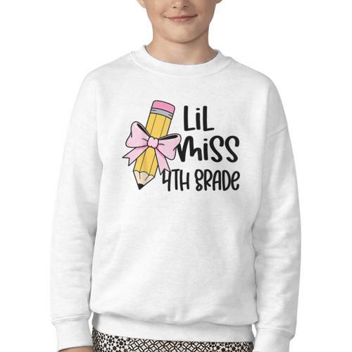 Lil Miss 4th Grade Coquette Bow Pencil Back To School Girls Youth Crewneck Sweatshirt - Savourry