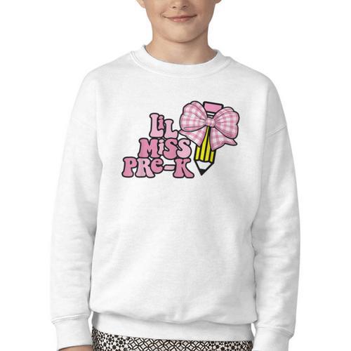 LiL Miss Pre-K Back To School Girls Coquette Bow First Day Youth Crewneck Sweatshirt - Savourry